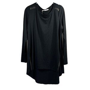 Elaine Kim Leather Trim Top Size Large Solid Black Tunic Long Sleeve Hi/Lo Hem